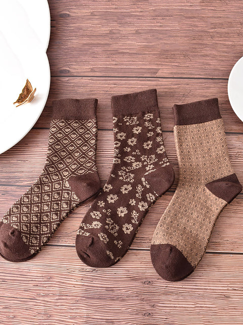 5 Paar Damensocken mit geometrischem Blumenmuster in Kaffeebraun