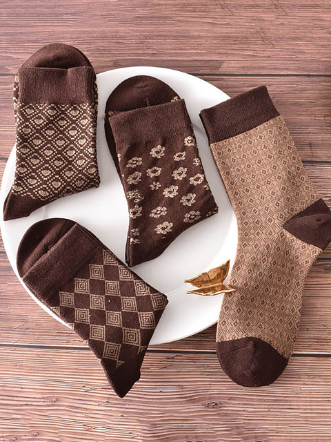 5 Paar Damensocken mit geometrischem Blumenmuster in Kaffeebraun