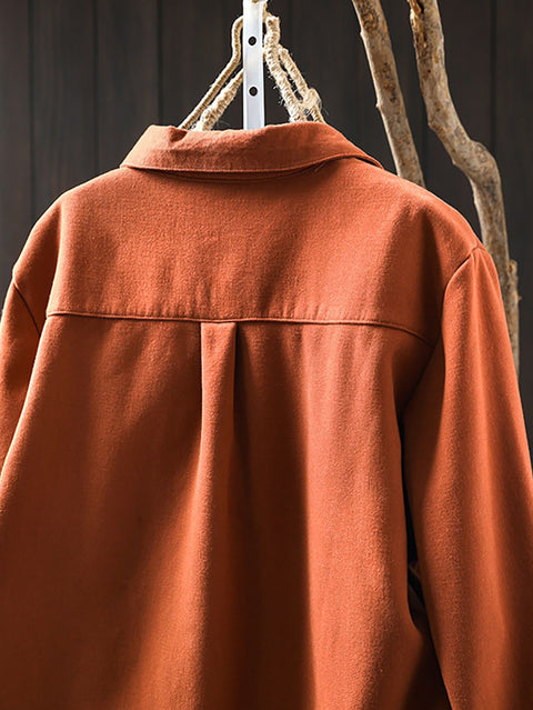 Women Vintage Autumn Solid 100%Cotton Fleece-lined Shirt