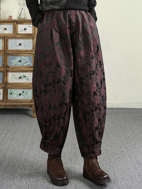 Women Winter Retro Flower Jacquard Fleece-lined Harem Pants