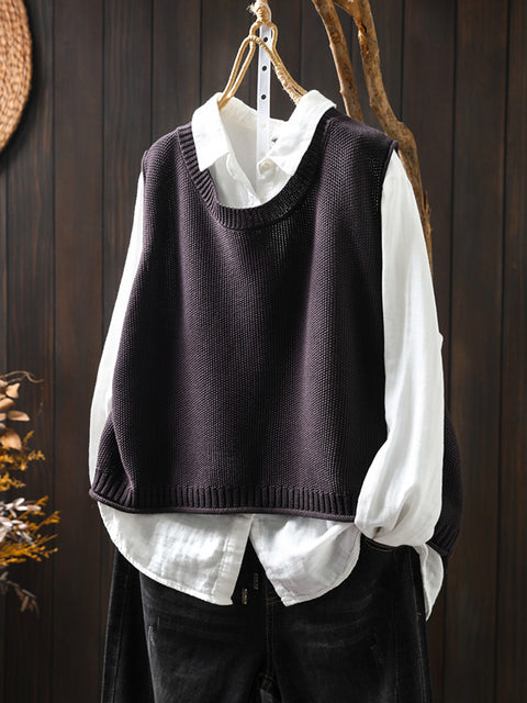 Women Vintage Pure Color Button Knit Vest