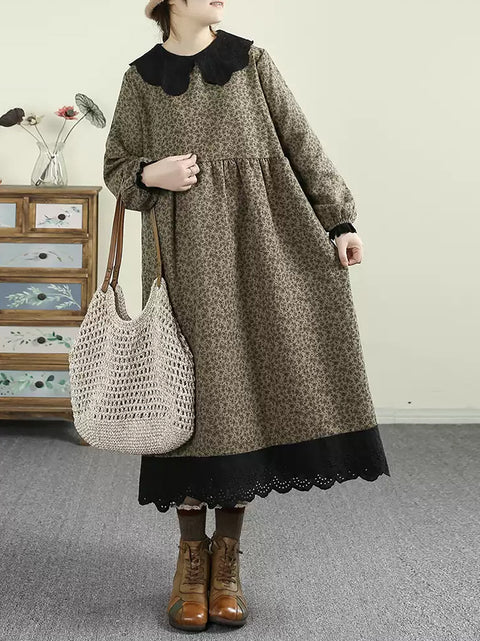 Women Autumn Floral O-Neck Lace Loose Dress