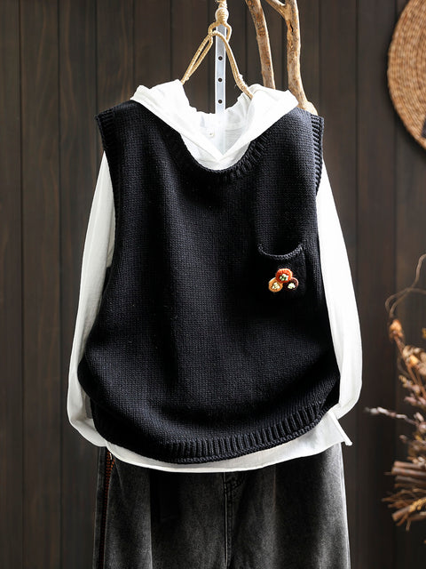 Women Vintage Flower Pocket O-Neck Knit Vest