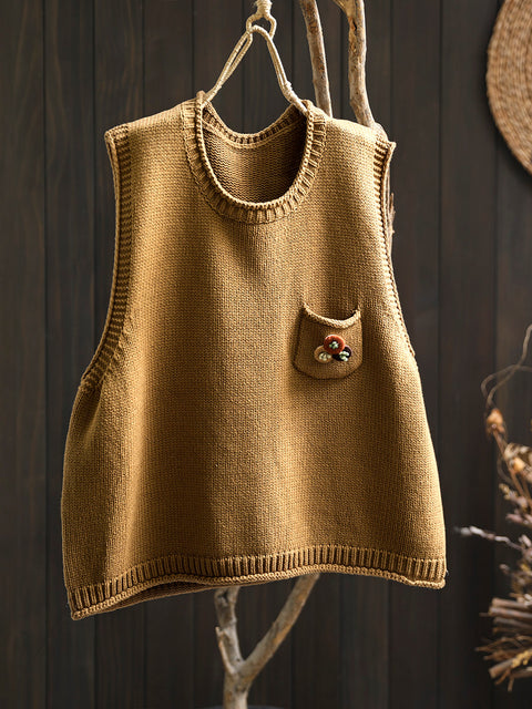 Women Vintage Flower Pocket O-Neck Knit Vest