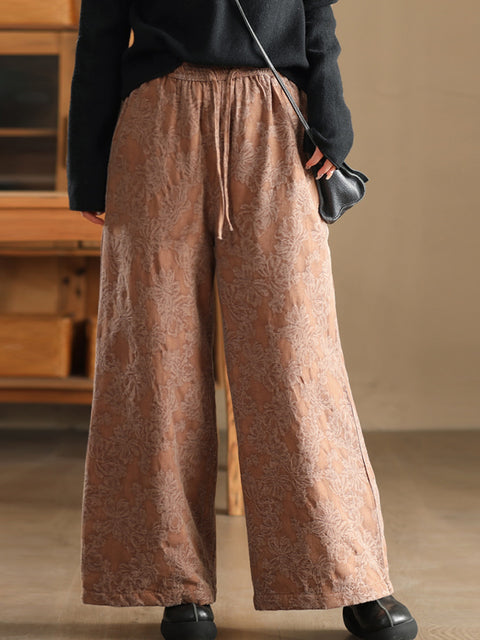 Women Winter Flower Jacquard Wide-leg Padded Pants