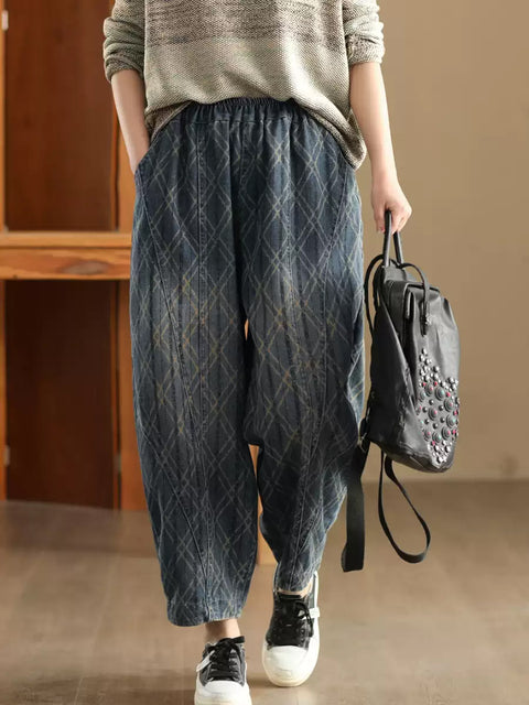 Women Spring Casual Denim Rhomboids Harem Pants