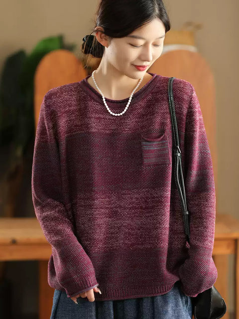 Damen Herbst Colorblock O-Ausschnitt Baumwollpullover