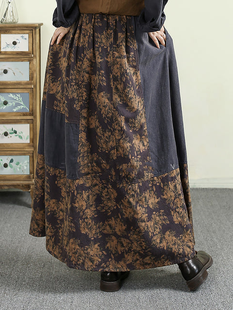 Women Autumn Artsy Flower Patch Spliced Skirt