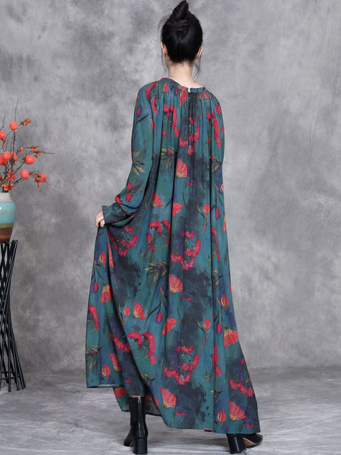 Women Spring Artsy Flower Loose O-Neck Dress