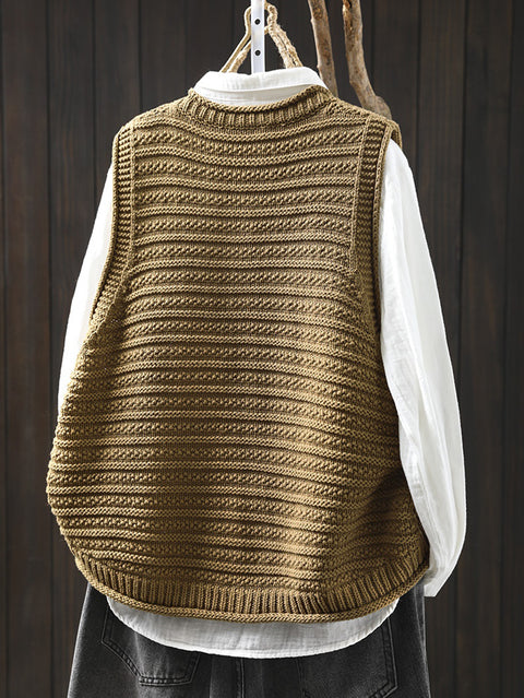 Women Spring Pure Color Knit O-Neck Cardigan Vest