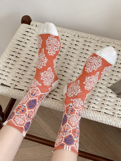 5 Pairs Women Artsy Floral Jacquard Cotton Socks