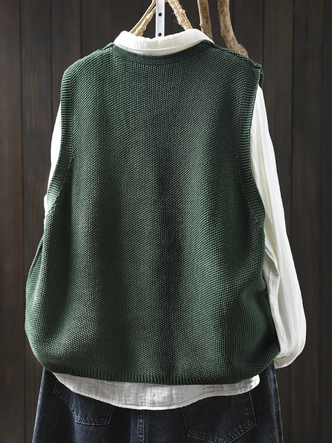 Women Spring Pure Color Knit V-Neck Cardigan Vest