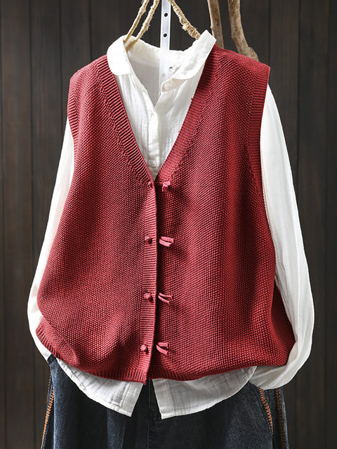 Women Spring Pure Color Knit V-Neck Cardigan Vest