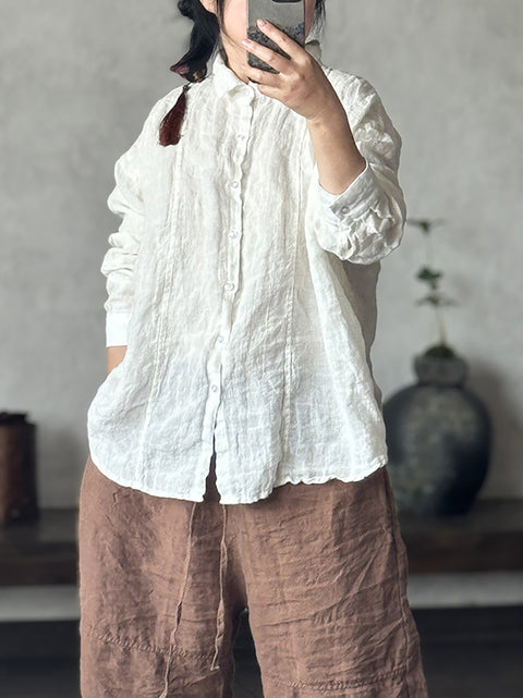 Women Spring Pure Color Turn-down Collar Linen Shirt