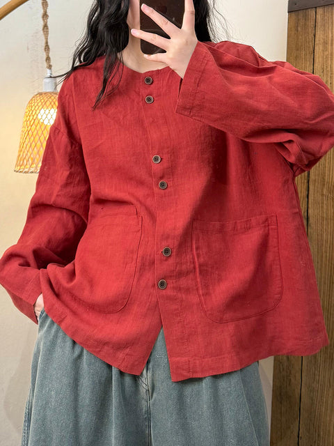 Women Spring Pure Color O-Neck Linen Shirt