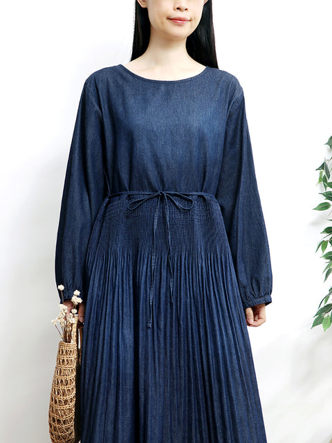 Women Autumn Artsy A-Shape O-Neck Denim Dress