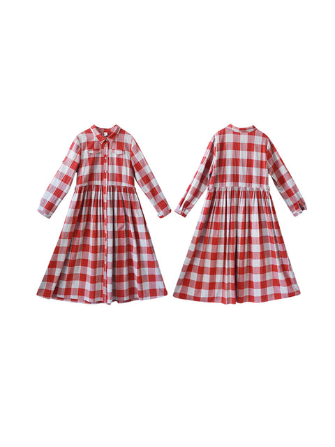 Damen Frühling Artsy Plaid Umlegekragen 100% Baumwolle Kleid