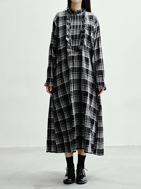 Damen Frühling Artsy Plaid Rüschenkragen Lockeres Kleid