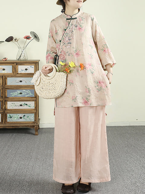 Women Ethnic Spring Flower Stand Collar Ramie Shirt