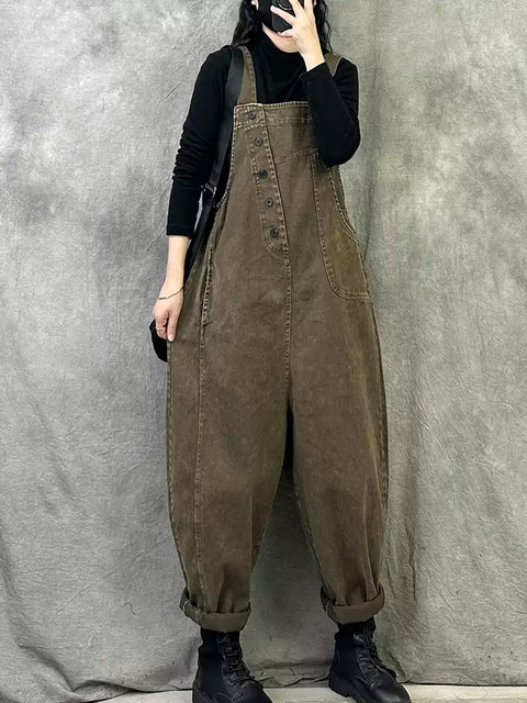 Damen Frühling Retro Reine Farbe Lose Overalls