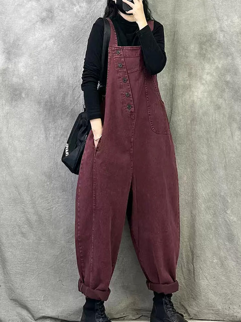 Damen Frühling Retro Reine Farbe Lose Overalls