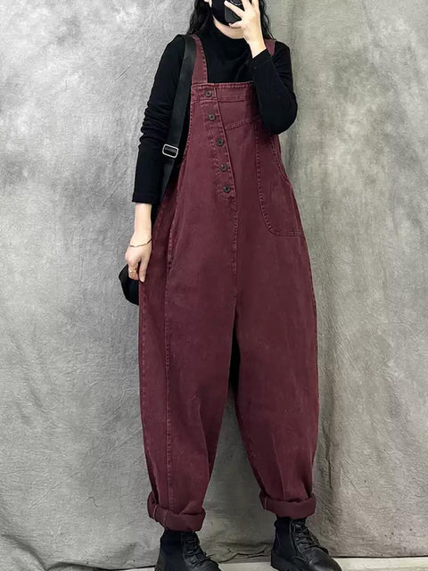 Damen Frühling Retro Reine Farbe Lose Overalls