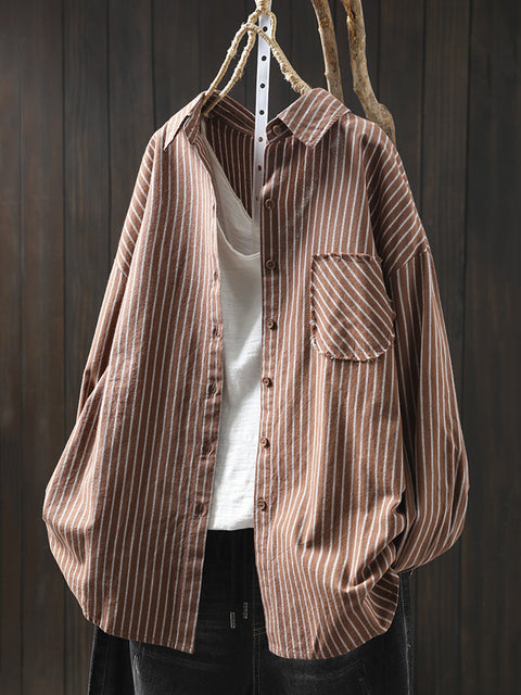 Women Spring 100%Cotton Stripe Turn-down Collar Shirt