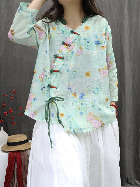 Women Ethnic Spring Flower V-Neck 100%Ramie Shirt