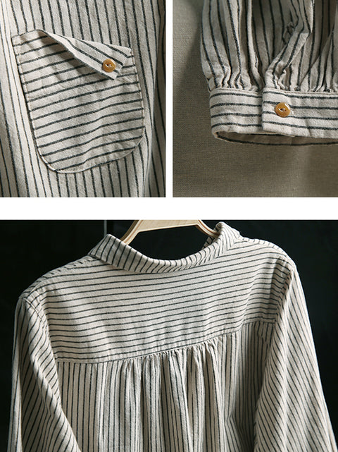 Women Autumn Vintage Stripe Cotton Turn-down Collar Shirt