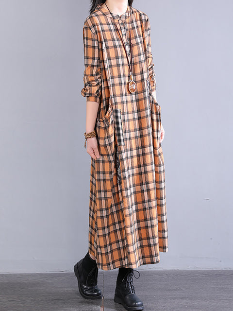 Women Spring Plaid Stand Collar Spliced 100%Cotton Dress