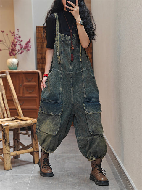 Damen Frühlingsmode gewaschener Denim-Overall mit weitem Bein