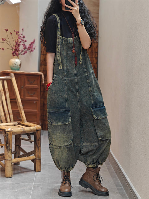 Damen Frühlingsmode gewaschener Denim-Overall mit weitem Bein