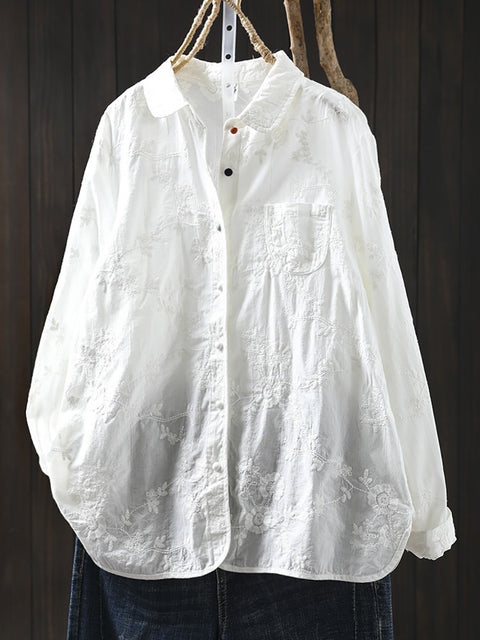 Women Spring 100%Cotton Jacquard Turn-down Collar Shirt