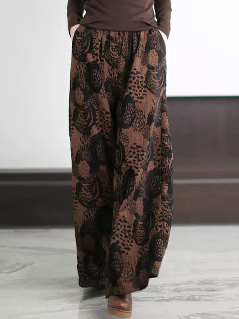 Women Spring Retro Print Wide-leg Pants