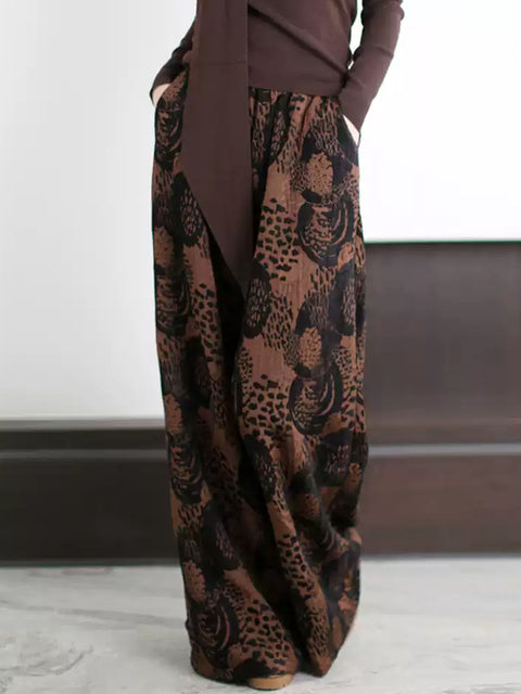 Women Spring Retro Print Wide-leg Pants