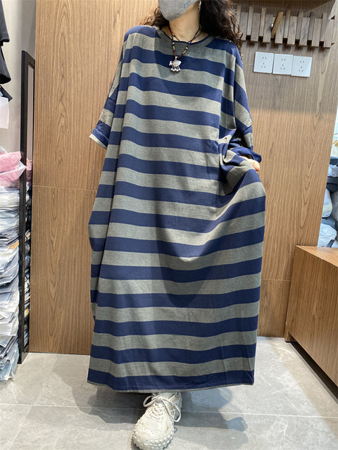 Women Spring Artsy Stripe O-Neck Maxi Dress