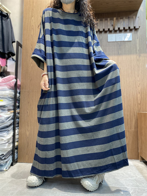 Women Spring Artsy Stripe O-Neck Maxi Dress