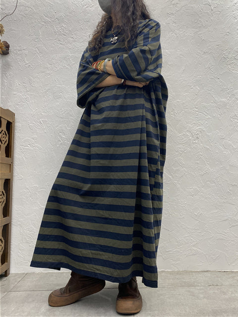 Women Spring Artsy Stripe O-Neck Maxi Dress