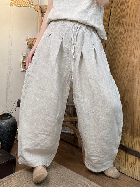 Women Vintage Spring Pure Color Wide-leg Linen Pants