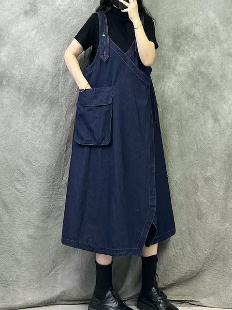 Damen Vintage Frühling V-Ausschnitt Denim Hosenträgerkleid