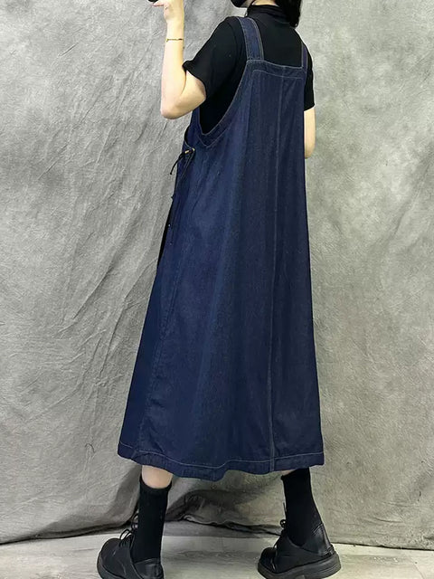 Damen Vintage Frühling V-Ausschnitt Denim Hosenträgerkleid