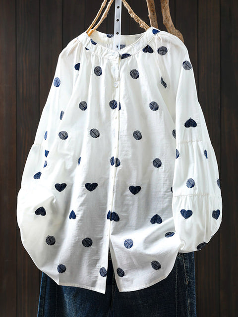 Women Artsy Heart Dot Embroidery 100%Cotton Shirt