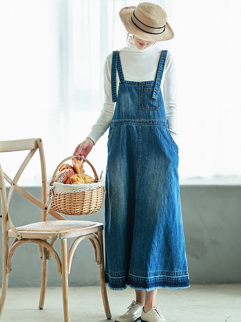 Women Spring Artsy Pure Color Denim Suspender Dress