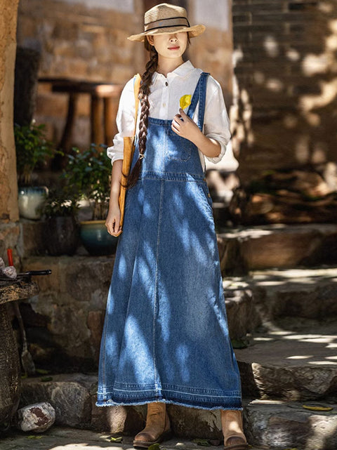 Women Spring Artsy Pure Color Denim Suspender Dress