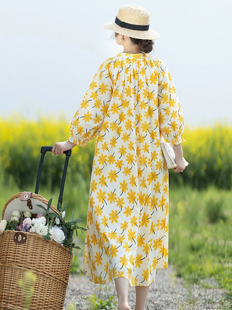 Damen Vintage Frühlingsblumen Stehkragen Lockeres Kleid