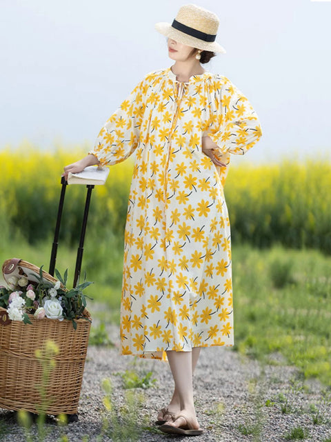 Damen Vintage Frühlingsblumen Stehkragen Lockeres Kleid