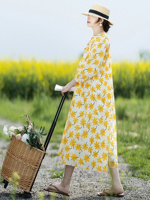 Damen Vintage Frühlingsblumen Stehkragen Lockeres Kleid