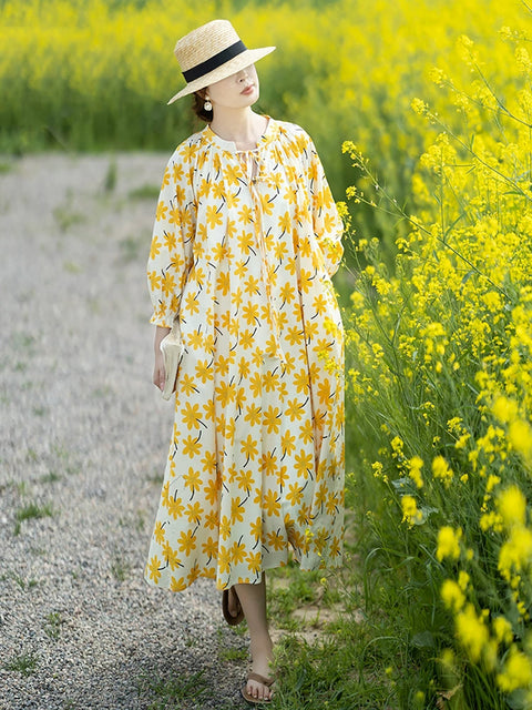 Damen Vintage Frühlingsblumen Stehkragen Lockeres Kleid