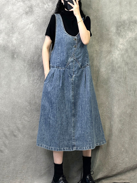 Damen Frühling Artsy Pure Color Denim Hosenträgerkleid