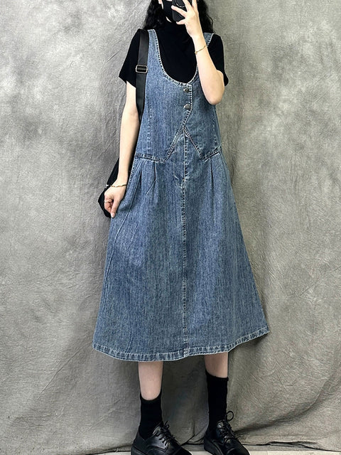 Damen Frühling Artsy Pure Color Denim Hosenträgerkleid